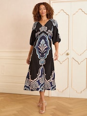Love & Roses Black Bohem Printed V-Neck Puff Sleeve Midi Dress - Image 1 of 4