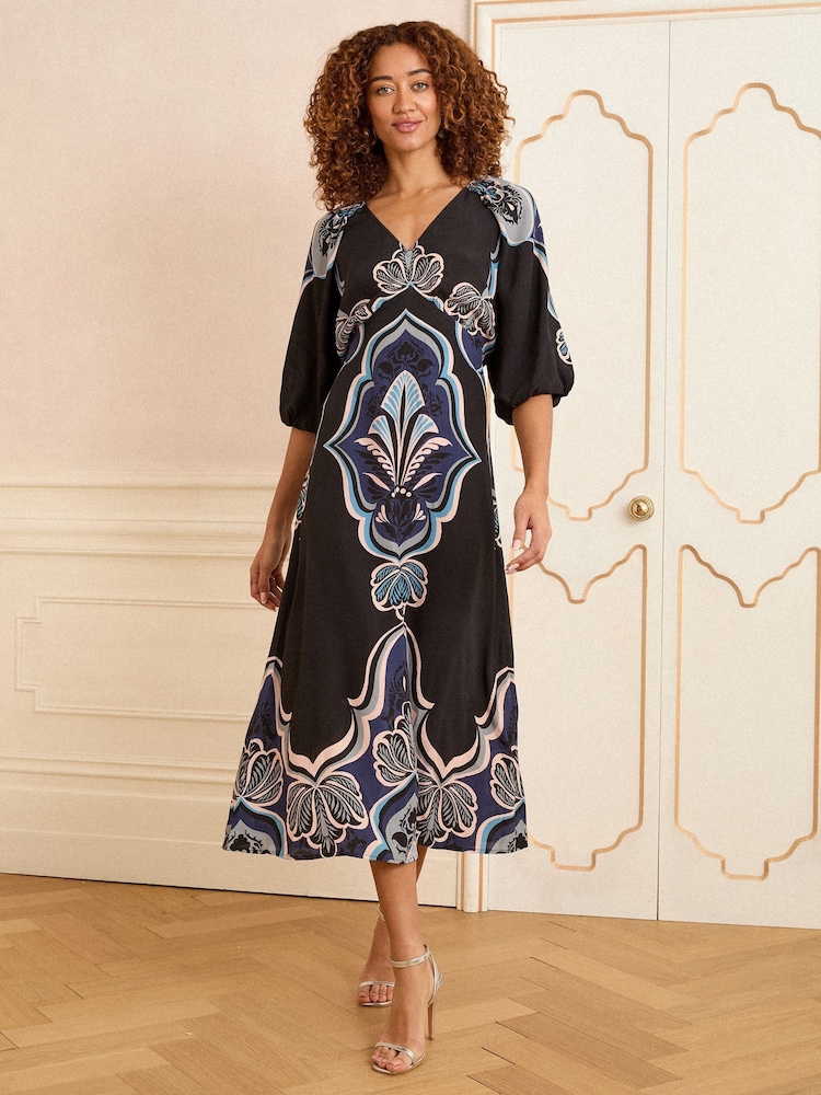 Love & Roses Black Bohem Printed V-Neck Puff Sleeve Midi Dress - Image 1 of 4