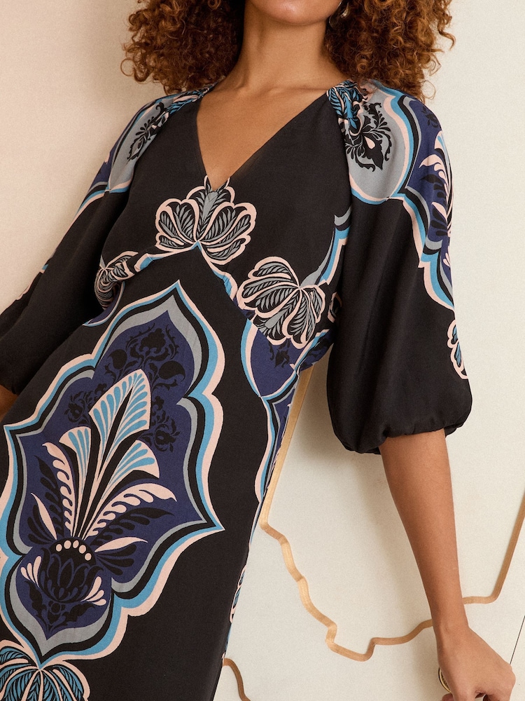 Love & Roses Black Bohem Printed V-Neck Puff Sleeve Midi Dress - Image 2 of 4 Love & Roses Black Bohem Printed V-Neck Puff Sleeve Midi Dress - Image 2 of 4