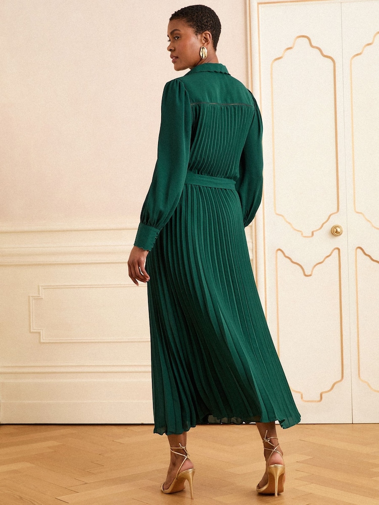 pleated green midi dress ASOS DESIGN satin high neck pleated bodice midi dress in olive green