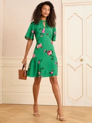 Love & Roses Green Floral Print Angel Sleeve Mini Dress - Image 1 of 8
