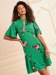 Love & Roses Green Floral Print Angel Sleeve Mini Dress - Image 2 of 8