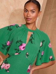 Love & Roses Green Floral Print Angel Sleeve Mini Dress - Image 6 of 8