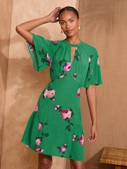 Love & Roses Green Floral Print Angel Sleeve Mini Dress - Image 7 of 8