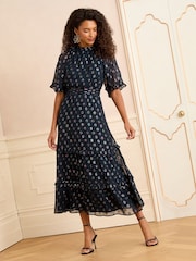 Love & Roses Teal Daisy Metallic Angel Sleeve Midi Dress - Image 1 of 4
