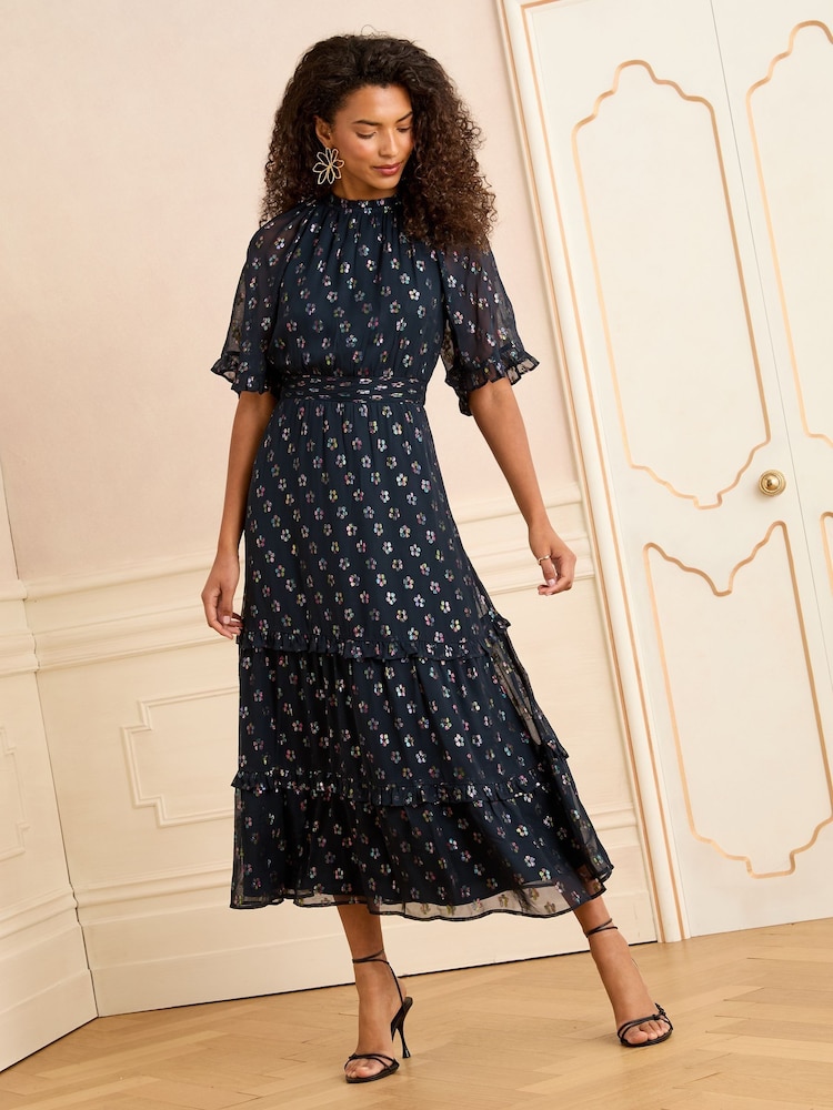 Love & Roses Teal Daisy Metallic Angel Sleeve Midi Dress - Image 1 of 4