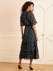 Love & Roses Teal Daisy Metallic Angel Sleeve Midi Dress - Image 3 of 4