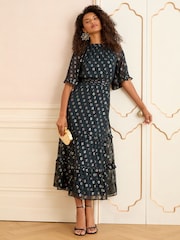 Love & Roses Teal Daisy Metallic Angel Sleeve Midi Dress - Image 4 of 4