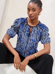 Azul - Lipsy Short Sleeve Printed Crinkle Top - Imagen 1 de 1