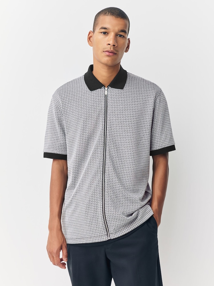 Grey Geo Patterned Zip Through Polo Shirt - Image 1 of 7