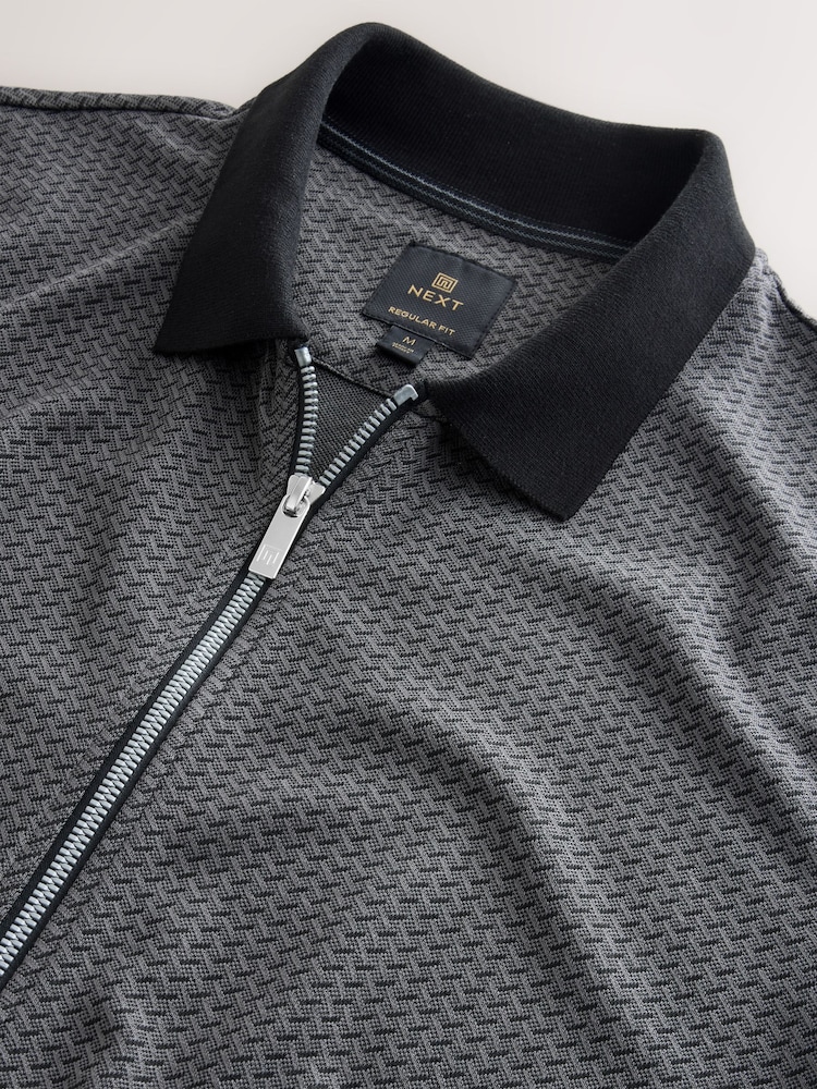 Grey Geo Patterned Zip Through Polo Shirt - Image 3 of 3
