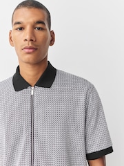 Grey Geo Patterned Zip Through Polo Shirt - Image 4 of 7