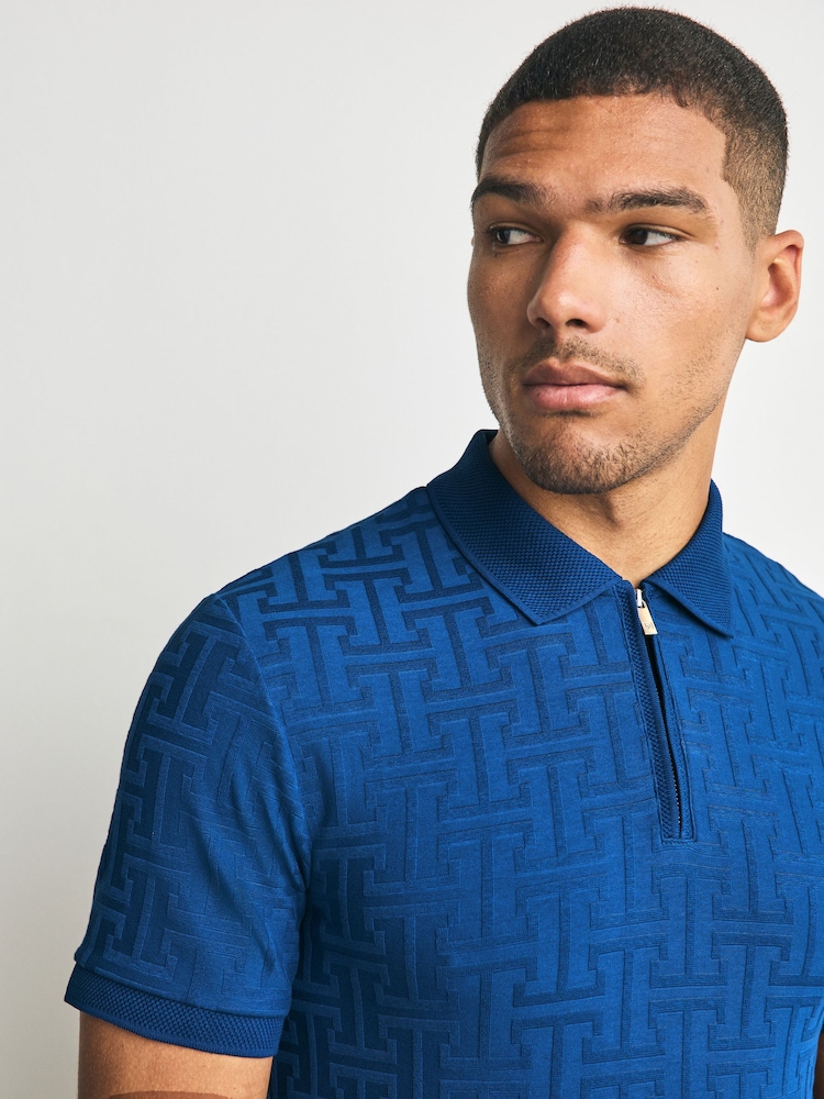 Blue Slim Fit Smart Quarter Zip Polo Shirt - Image 1 of 7