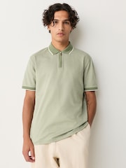 Sage Green Slim Fit Smart Quarter Zip Polo Shirt - Image 1 of 7