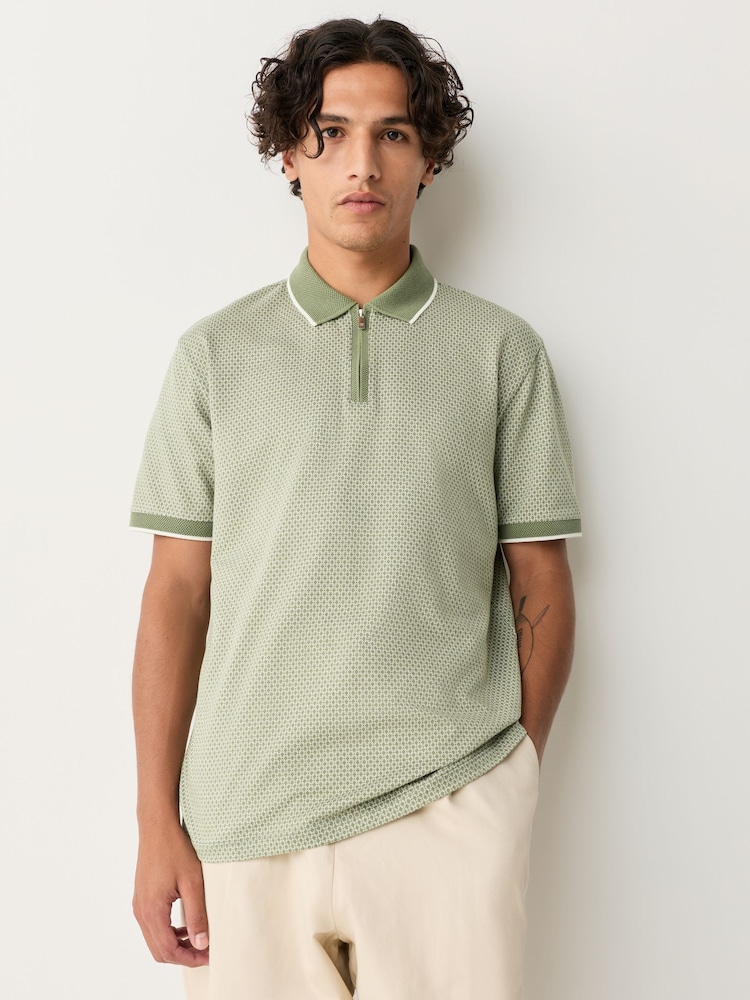 Sage Green Slim Fit Smart Quarter Zip Polo Shirt - Image 1 of 7