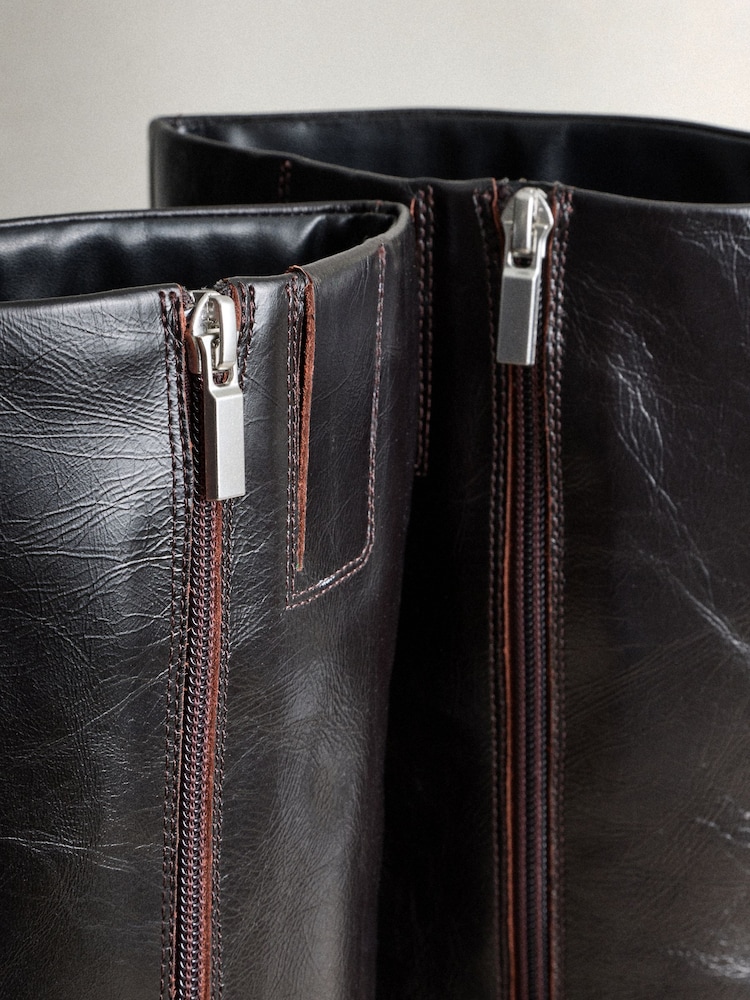 Chocolate Brown Leather Signature Underset Heel Knee High Boots - Image 5 of 5