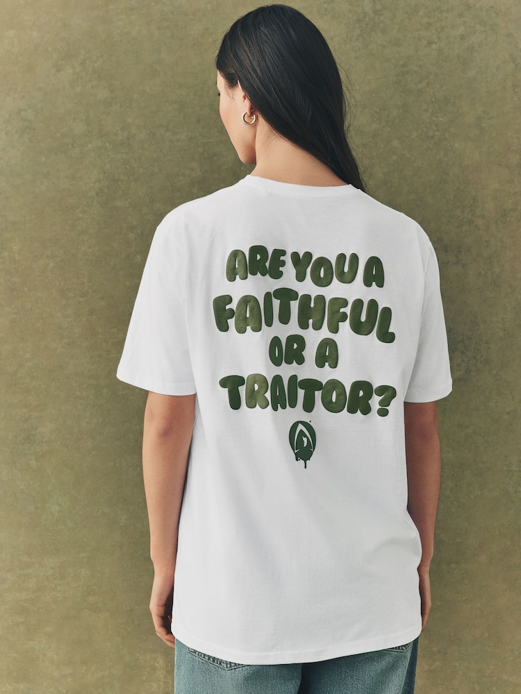White/Khaki Green Official The Traitors License "Are you a Faithful or a Traitor?" Relaxed Fit Graphic T-Shirt - Image 1 of 5