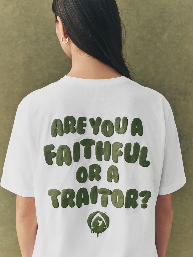 White/Khaki Green Official The Traitors License "Are you a Faithful or a Traitor?" Relaxed Fit Graphic T-Shirt - Image 3 of 5