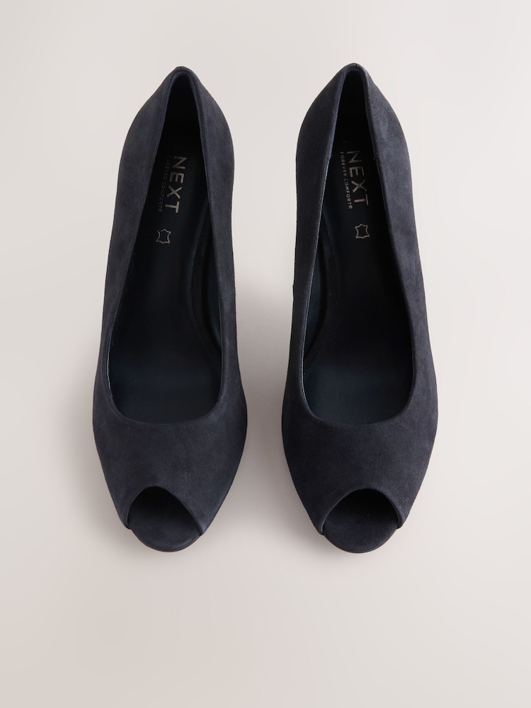 Navy Forever Comfort® Premium Leather Peep Toe Heels - Image 1 of 10
