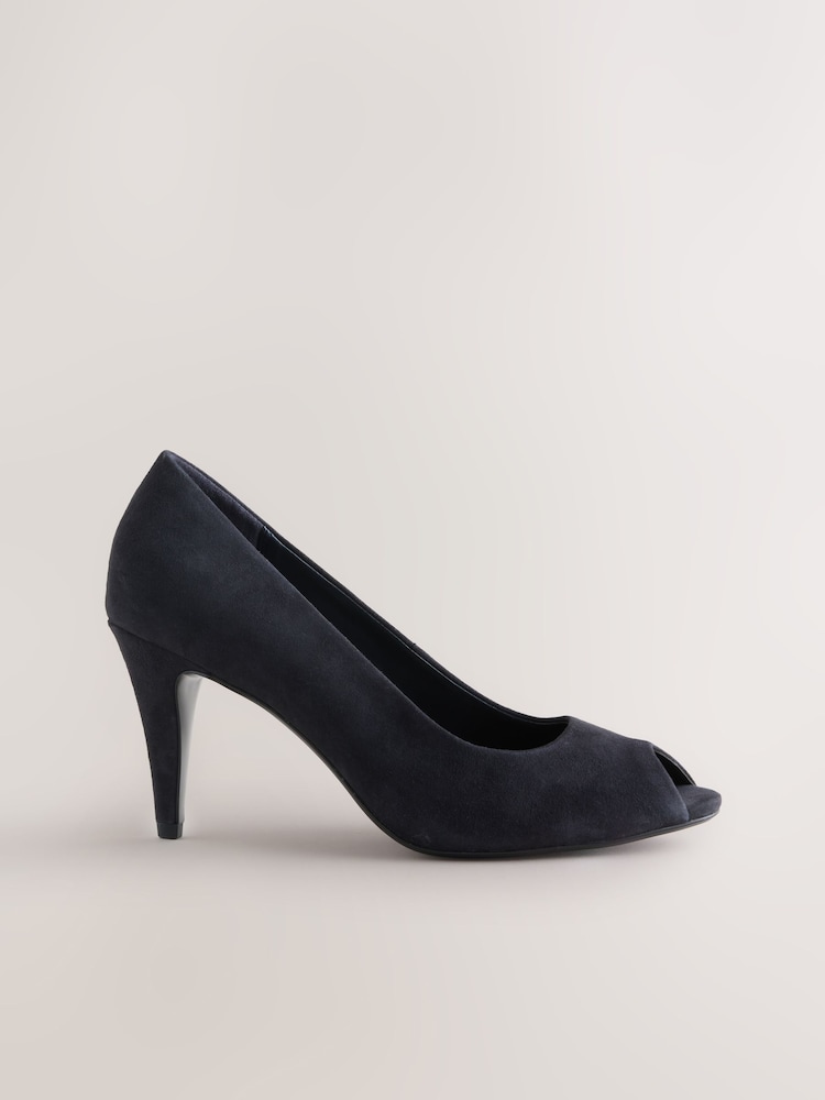 Navy Forever Comfort® Premium Leather Peep Toe Heels - Image 2 of 10