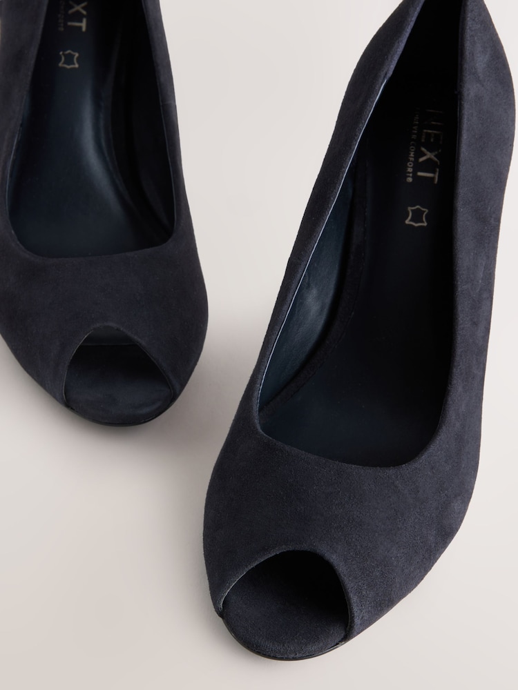Navy Premium Leather Peep Toe Heels - Image 4 of 10