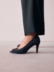 Navy Forever Comfort® Premium Leather Peep Toe Heels - Image 6 of 10