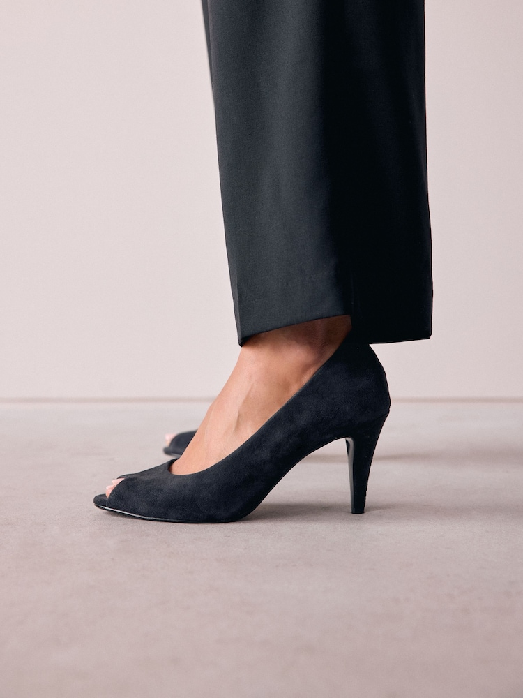 Navy Premium Leather Peep Toe Heels - Image 6 of 10