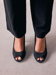 Navy Forever Comfort® Premium Leather Peep Toe Heels - Image 8 of 10