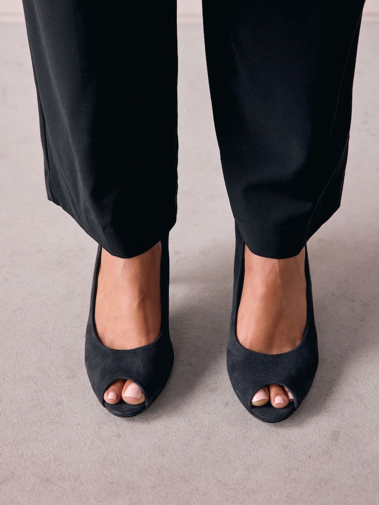 Navy Premium Leather Peep Toe Heels - Image 8 of 10