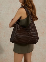 Dune London Dark  Brown Deliberate Large Woven Slouch Bag - Image 3 of 8