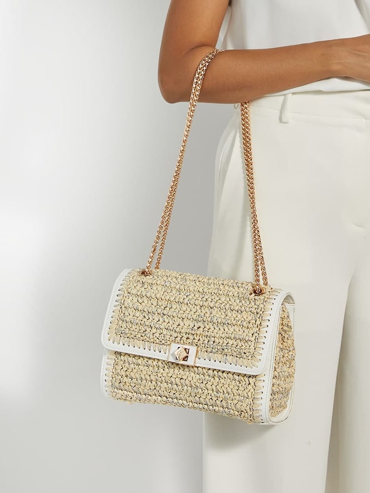 Dune London White Delphinium Raffia Turnlock Shoulder Bag - Image 5 of 5