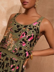 Love & Roses Khaki Palm Animal Print Scoop Neck Jersey Midi Dress - Image 3 of 4