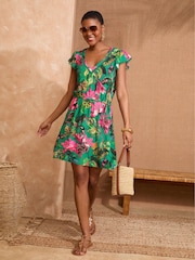 Love & Roses Pink and Green Tropical Print Frill Sleeve V-Neck Jersey Mini Dress - Image 1 of 4
