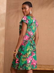 Love & Roses Pink and Green Tropical Print Frill Sleeve V-Neck Jersey Mini Dress - Image 2 of 4