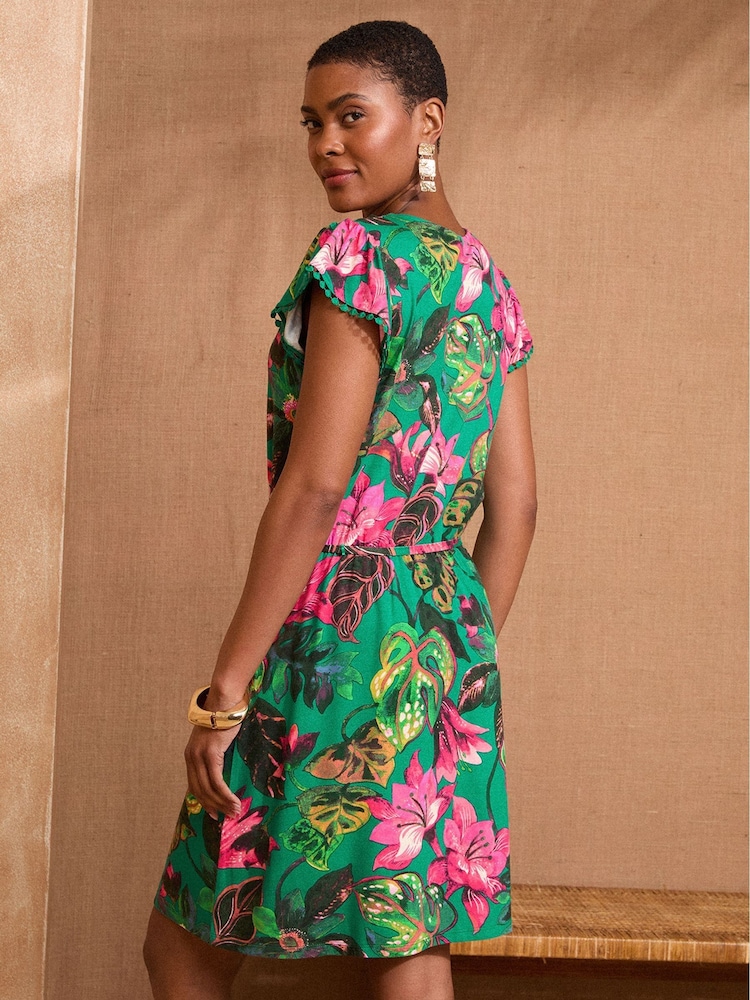 Love & Roses Pink and Green Tropical Print Frill Sleeve V-Neck Jersey Mini Dress - Image 2 of 4 Love & Roses Pink and Green Tropical Print Frill Sleeve V-Neck Jersey Mini Dress - Image 2 of 4