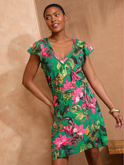 Love & Roses Pink and Green Tropical Print Frill Sleeve V-Neck Jersey Mini Dress - Image 3 of 4