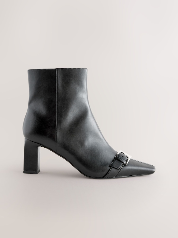 Black Forever Comfort® Point Chisel Toe Block Heel Buckle Detail Boots - Image 1 of 10