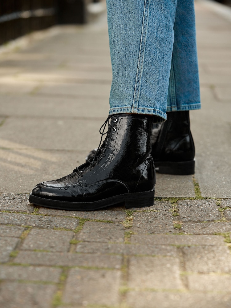 Black Crinkled Patent Leather Forever Comfort® Lace Up Ankle Boots - Image 1 of 9