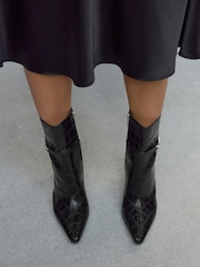 Black Croc Embossed Forever Comfort® Hardware Trim Heeled Ankle Boots - Image 1 of 5