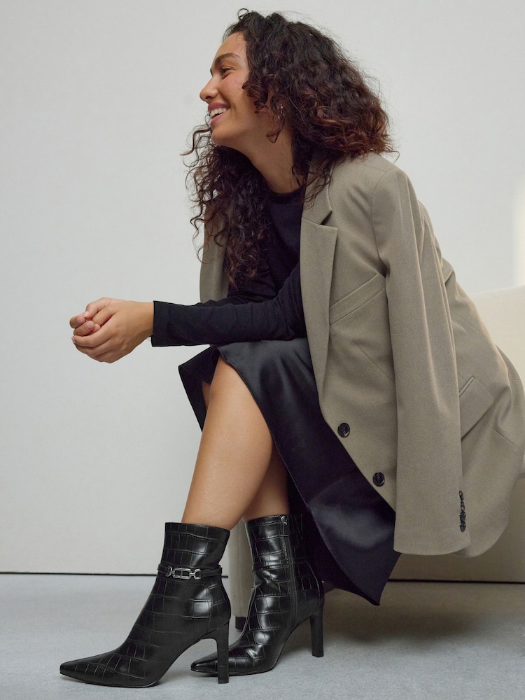 Black Croc Embossed Forever Comfort® Hardware Trim Heeled Ankle Boots - Image 2 of 5