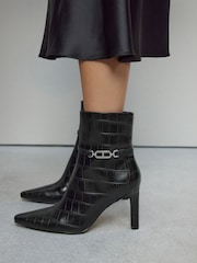 Black Croc Embossed Forever Comfort® Hardware Trim Heeled Ankle Boots - Image 3 of 5