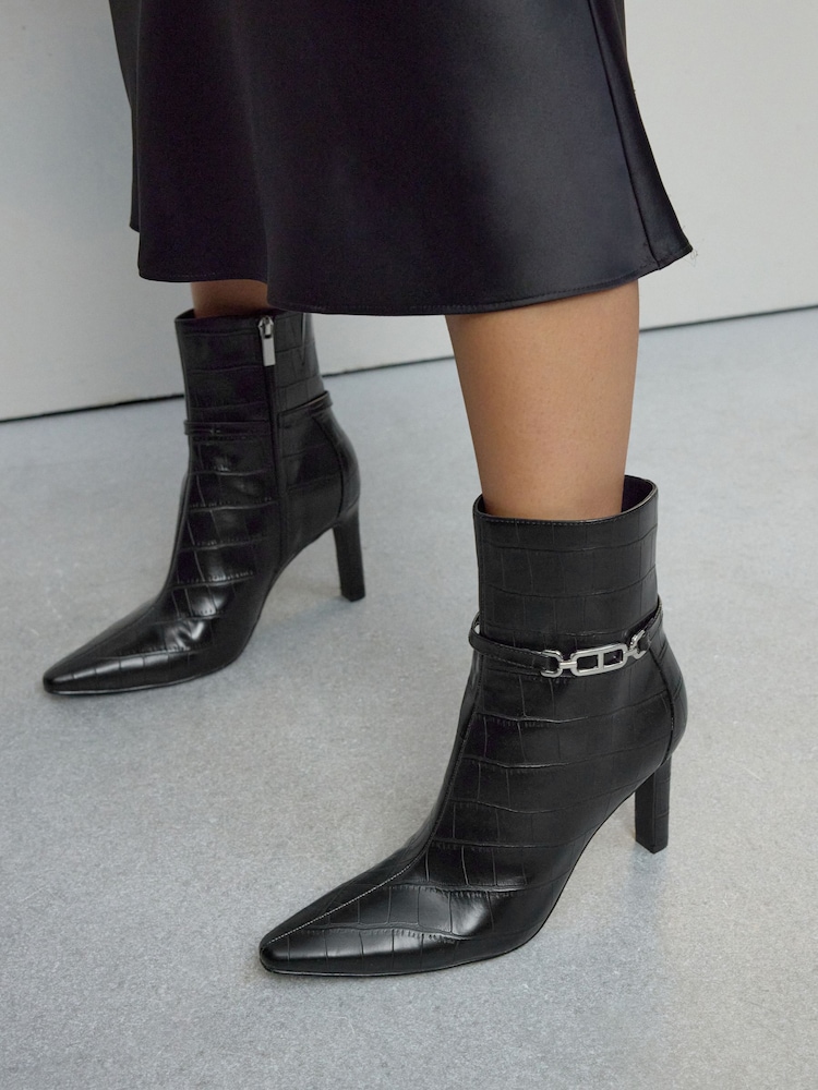 Black Croc Embossed Forever Comfort® Hardware Trim Heeled Ankle Boots - Image 5 of 5