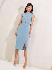 Lipsy Blue Petite Embellished Trim Spliced Bodycon Midi Dress - Image 1 of 4