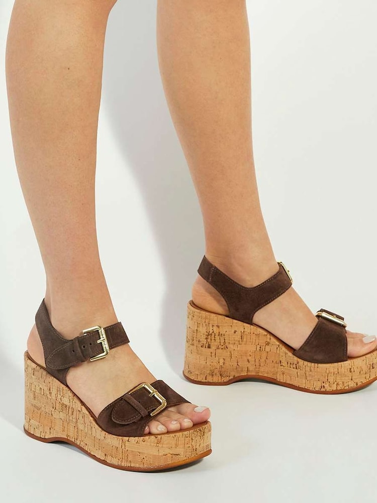 Dune London Brown Kamia Strap Buckle Wedge Heel Sandals - Image 1 of 6
