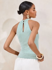 Lipsy Blue Knitted Sparkle Metallic Halter Neck Top - Image 4 of 4