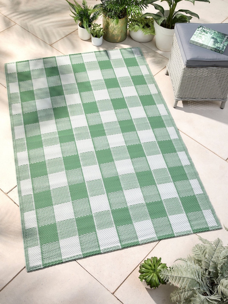 Dreams & Drapes Green Gingham UV Resistant Outdoor Rug - Image 1 of 4