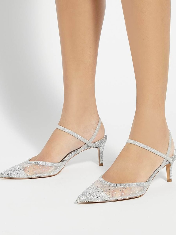 Dune London Silver Wide Fit Charismatic Pointed Metallised Fibre Slingback Heels - Image 1 of 6