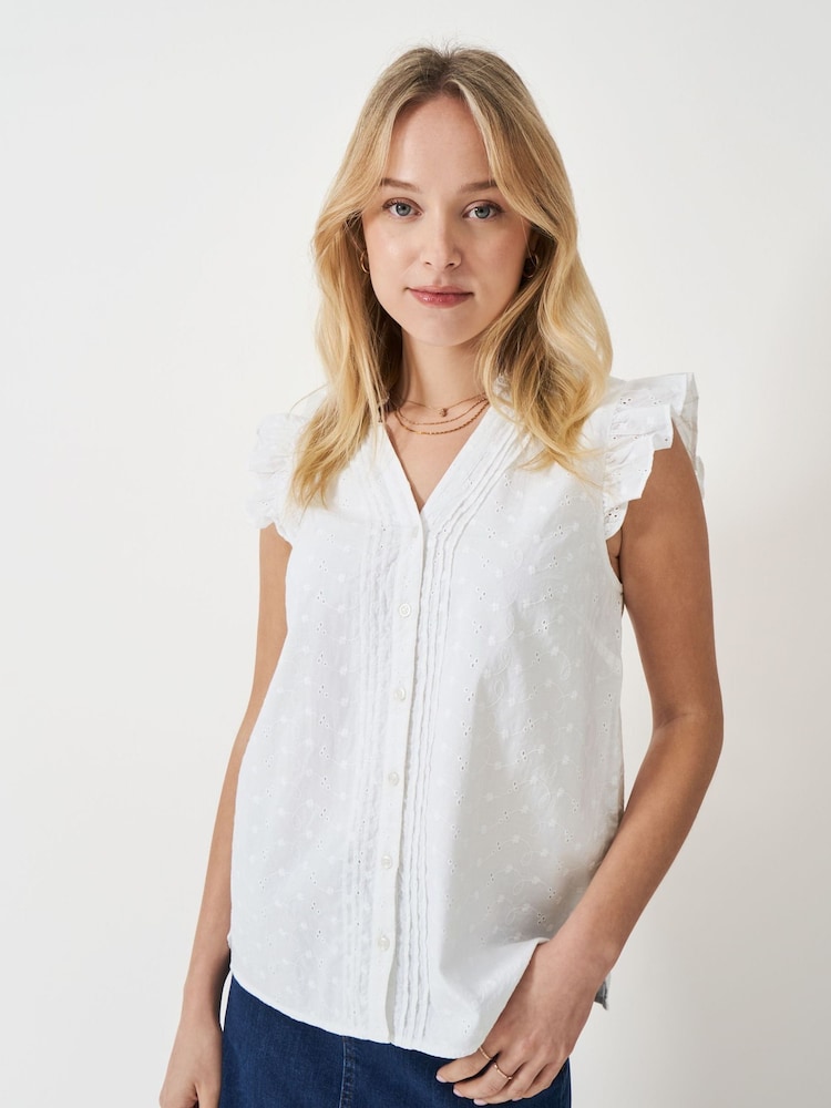 Crew Clothing White Jade Broderie 100% Cotton Blouse - Image 1 of 5