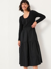 FatFace Louise Black Petite Jersey Woven Dress - Image 1 of 5