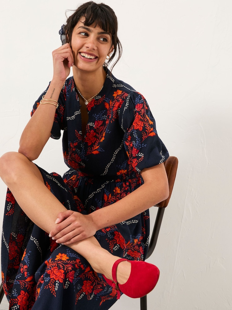 FatFace Becky Navy Folk Floral Petite Midi Dress - Image 1 of 5